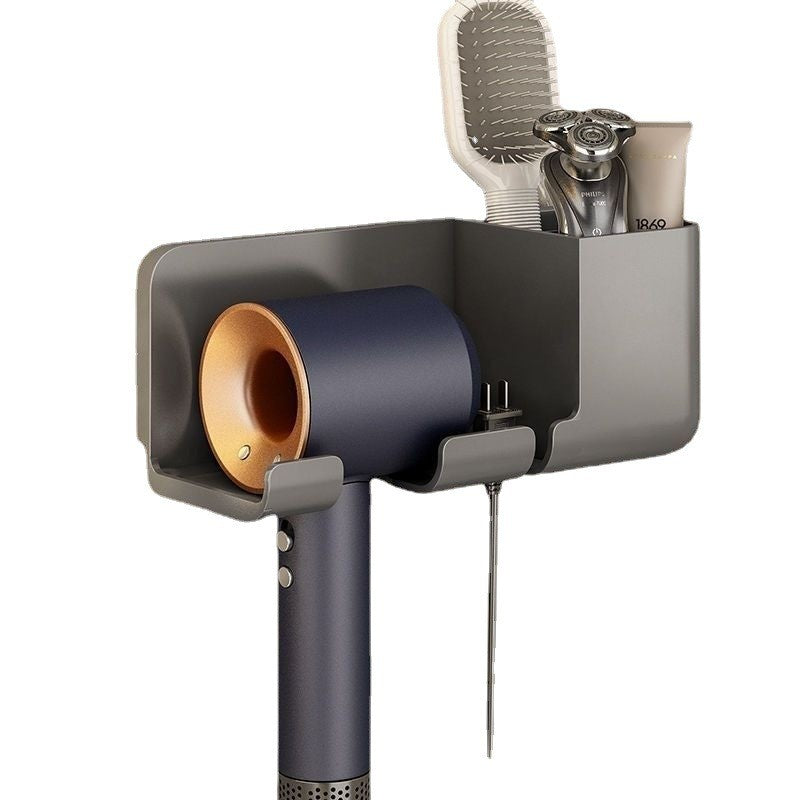 Suport de Baie, Kadeny, pentru Uscator de Par, cu Organizator Dublu, din Plastic, Aplicare cu Suport Adeziv, 23 x 8.8 x 9.5 cm, Negru