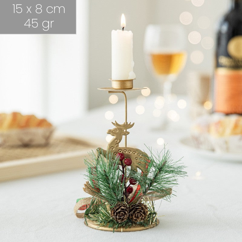 Suport Decorativ pentru Lumanare de Craciun, Kadeny, Ornament pentru Lumanare, Model Ren Auriu cu Crengute de Brad, din Art Metal, pentru Masa, fara Lumanare 15 x 8 cm, Auriu