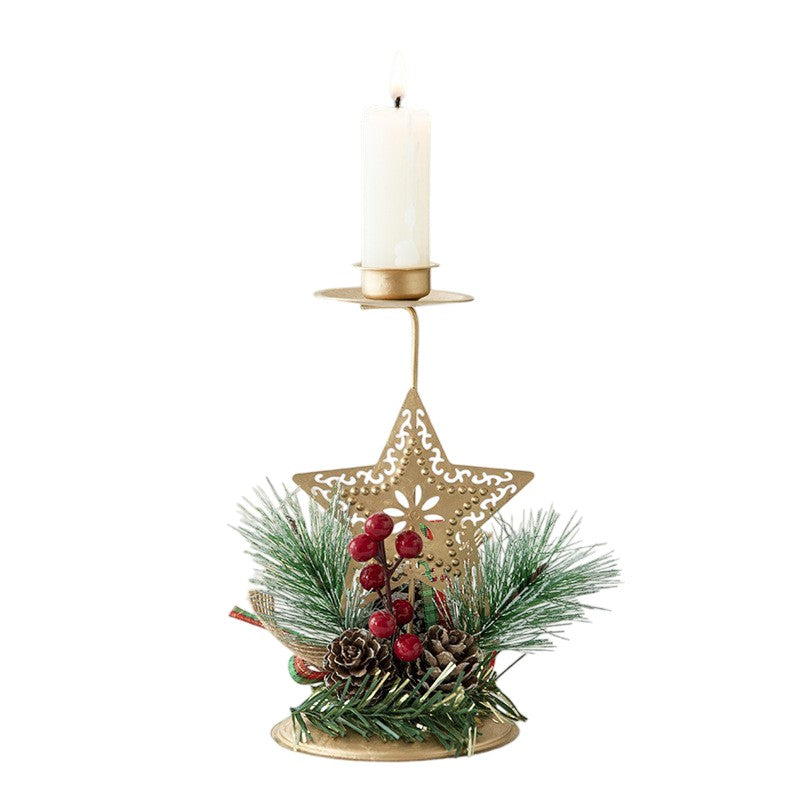 Suport Decorativ pentru Lumanare de Craciun, Kadeny, Ornament pentru Lumanare, Model Stea Aurie cu Crengute de Brad, din Art Metal, pentru Masa, fara Lumanare 15 x 8 cm, Auriu