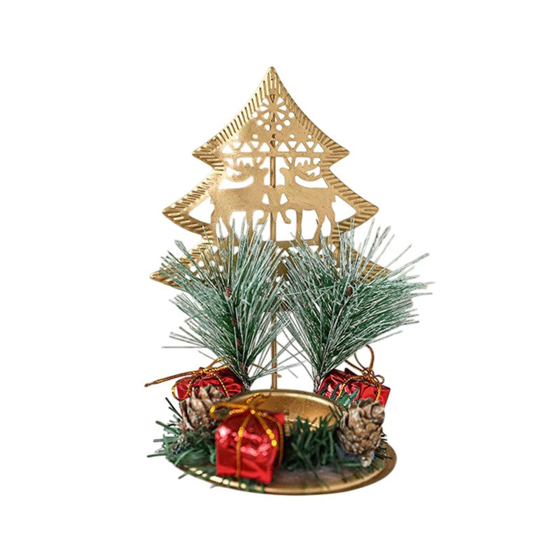 Suport Decorativ pentru Lumanare de Craciun, Kadeny, Ornament pentru Lumanare pe Masa, Model Brad cu Reni si Crengute de Brad, din Art Metal, fara Lumanare 13 x 8.3 cm, Auriu