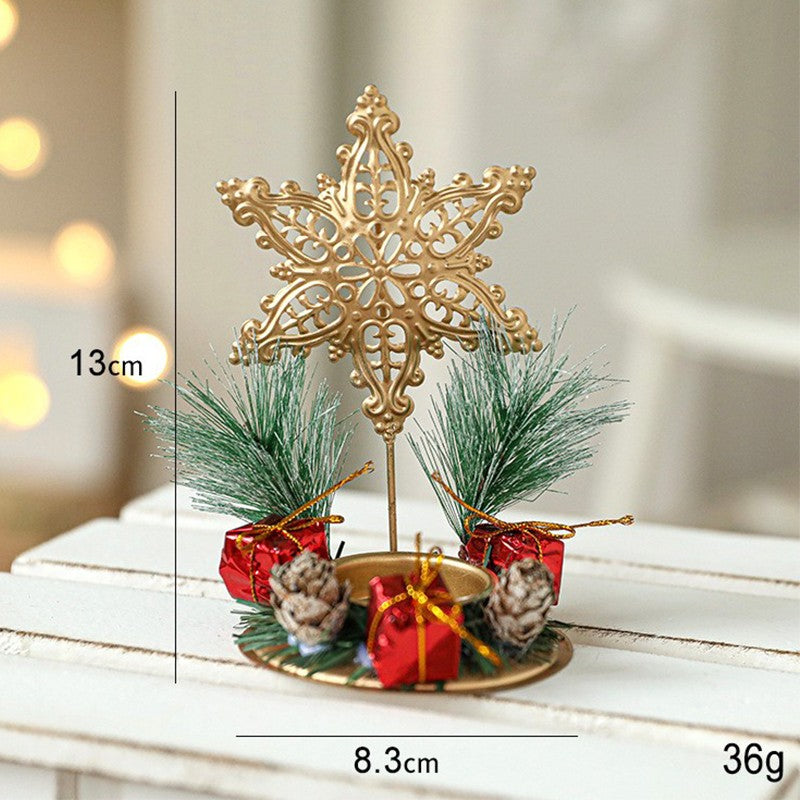 Suport Decorativ pentru Lumanare de Craciun, Kadeny, Ornament pentru Lumanare pe Masa, Model Fulg de Nea si Crengute de Brad, din Art Metal, fara Lumanare 13 x 8.3 cm, Auriu