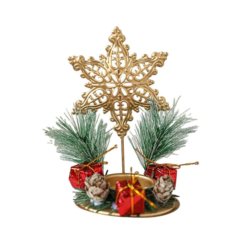 Suport Decorativ pentru Lumanare de Craciun, Kadeny, Ornament pentru Lumanare pe Masa, Model Fulg de Nea si Crengute de Brad, din Art Metal, fara Lumanare 13 x 8.3 cm, Auriu