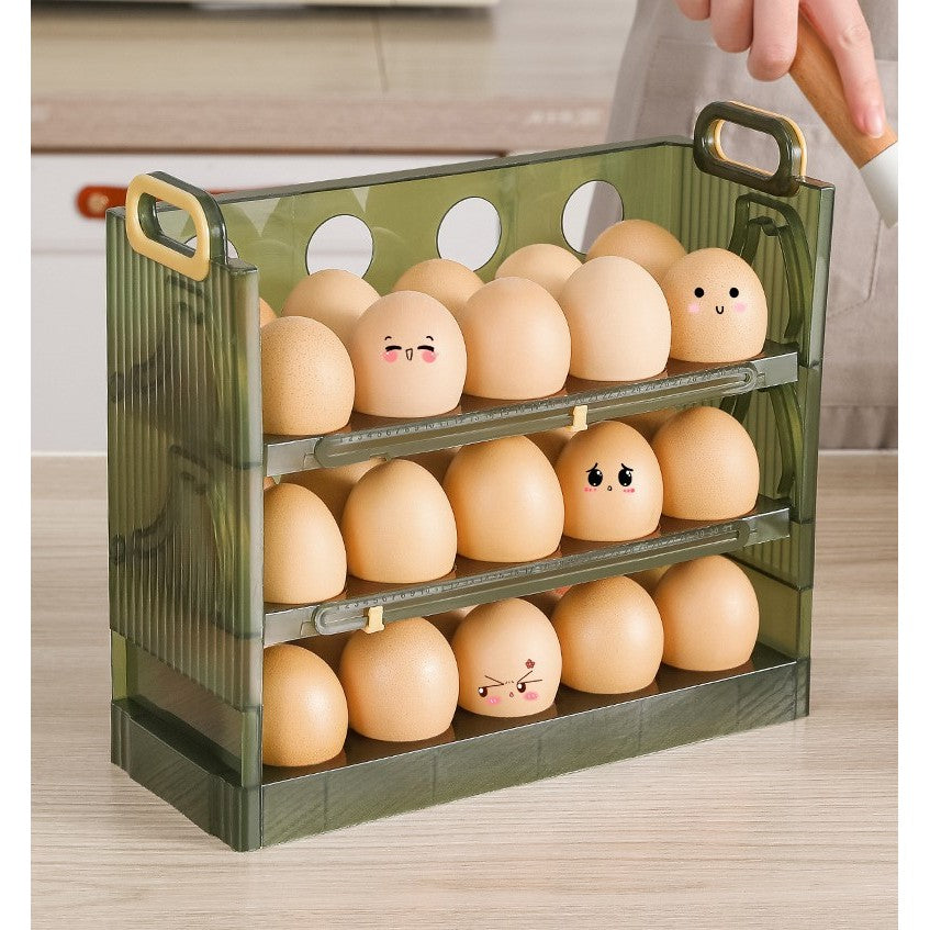 Suport Organizator pentru Oua, Kadeny, pentru Frigider, Verde transparent, Capacitate 30 oua, Trei straturi, cu Data de Expirare, 25.5x10x23 cm