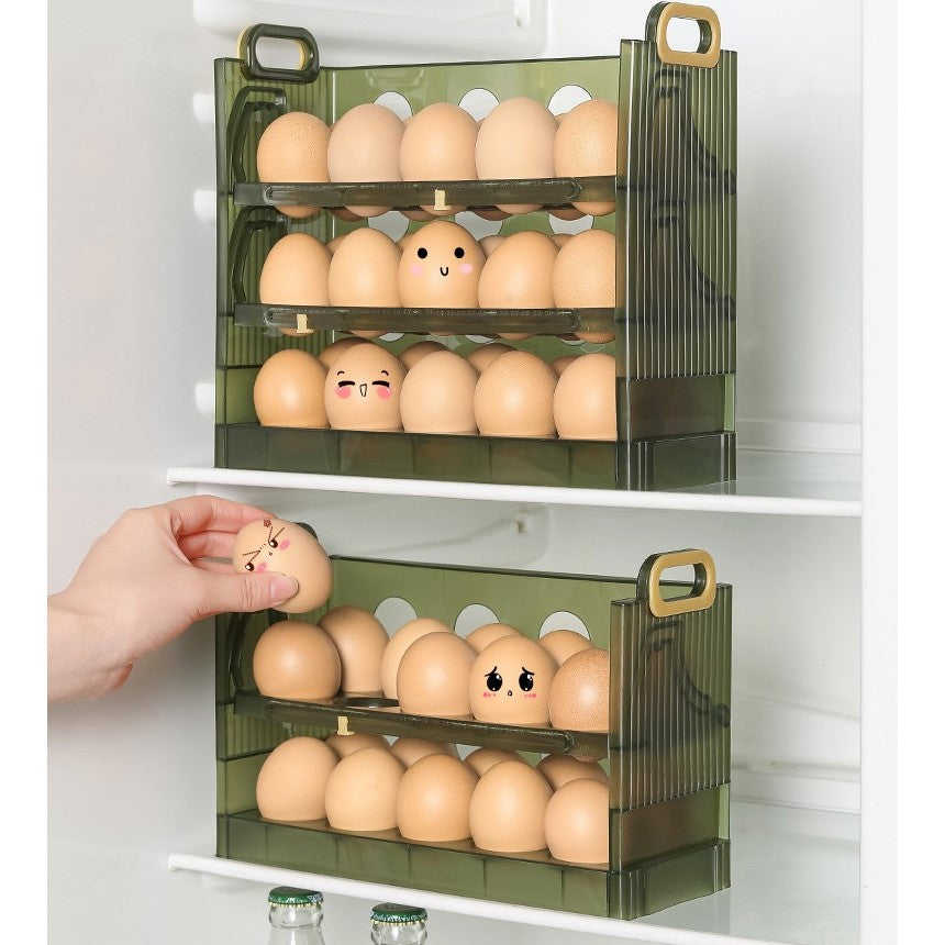 Suport Organizator pentru Oua, Kadeny, pentru Frigider, Verde transparent, Capacitate 30 oua, Trei straturi, cu Data de Expirare, 25.5x10x23 cm