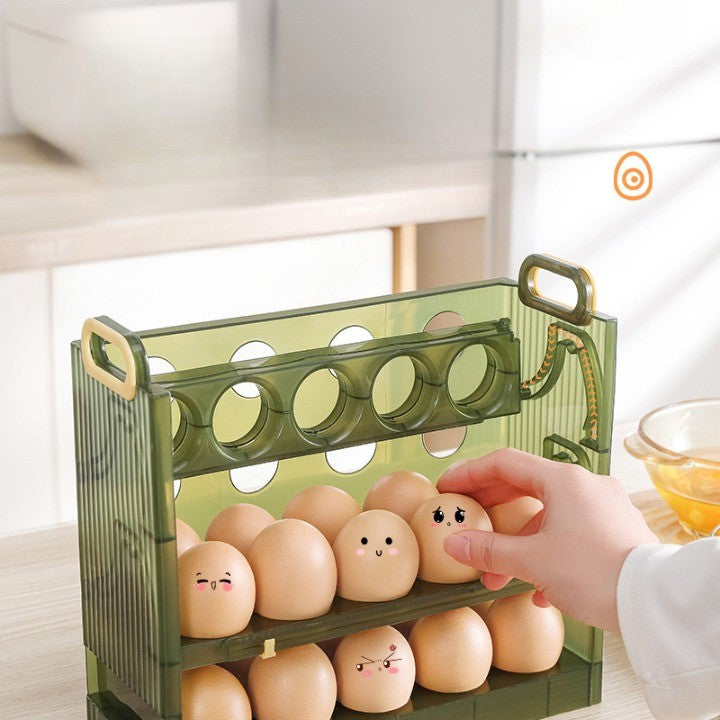 Suport Organizator pentru Oua, Kadeny, pentru Frigider, Verde transparent, Capacitate 30 oua, Trei straturi, cu Data de Expirare, 25.5x10x23 cm