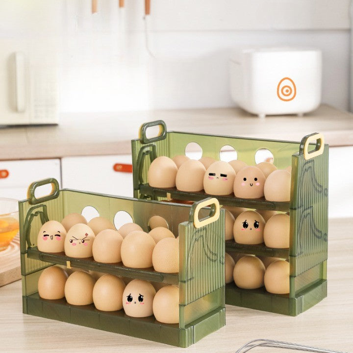 Suport Organizator pentru Oua, Kadeny, pentru Frigider, Verde transparent, Capacitate 30 oua, Trei straturi, cu Data de Expirare, 25.5x10x23 cm