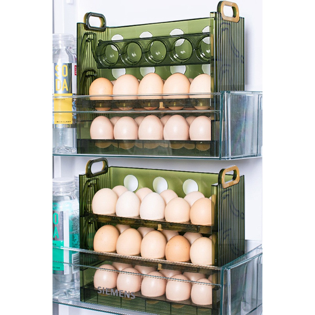 Suport Organizator pentru Oua, Kadeny, pentru Frigider, Verde transparent, Capacitate 30 oua, Trei straturi, cu Data de Expirare, 25.5x10x23 cm