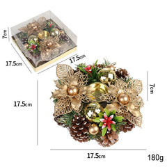 Suport pentru Lumanare de Craciun, Kadeny, Model Cupa cu 2 Globutele Aurii si 2 Flori cu Conuri, Sfesnic de Tip Ghirlanda, Decoratiune pe Masa de Craciun, 17.5 x 17.5 x 7 cm, Auriu