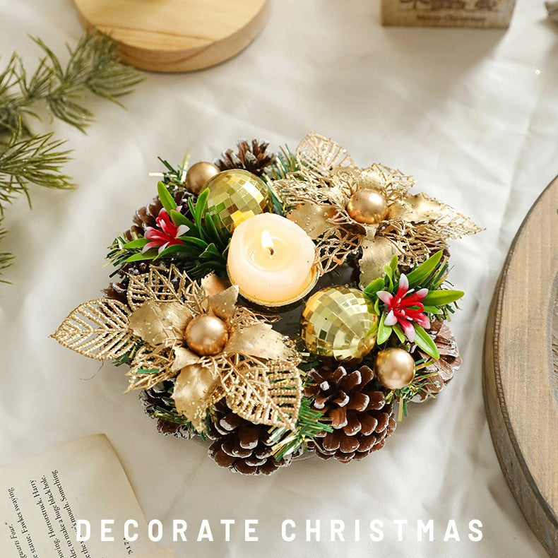 Suport pentru Lumanare de Craciun, Kadeny, Model Cupa cu 2 Globutele Aurii si 2 Flori cu Conuri, Sfesnic de Tip Ghirlanda, Decoratiune pe Masa de Craciun, 17.5 x 17.5 x 7 cm, Auriu