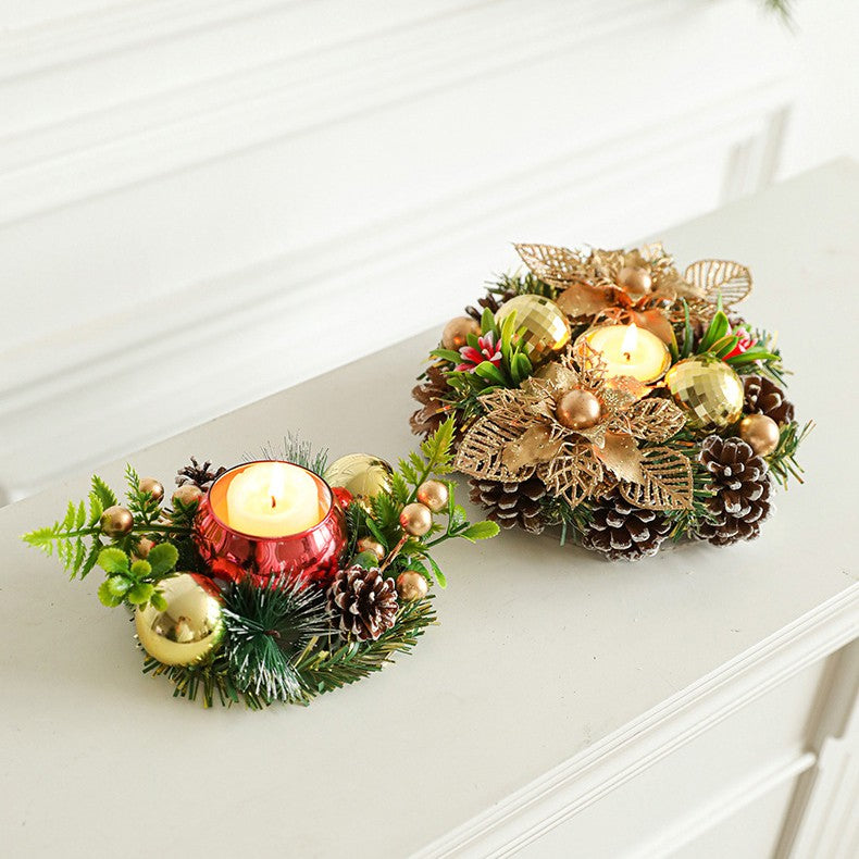 Suport pentru Lumanare de Craciun, Kadeny, Model Cupa cu 2 Globutele Aurii si 2 Flori cu Conuri, Sfesnic de Tip Ghirlanda, Decoratiune pe Masa de Craciun, 17.5 x 17.5 x 7 cm, Auriu