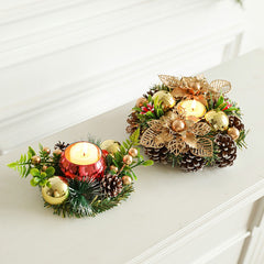 Suport pentru Lumanare de Craciun, Kadeny, Model Cupa cu 2 Globutele Aurii si 2 Flori cu Conuri, Sfesnic de Tip Ghirlanda, Decoratiune pe Masa de Craciun, 17.5 x 17.5 x 7 cm, Auriu