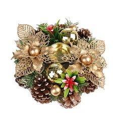 Suport pentru Lumanare de Craciun, Kadeny, Model Cupa cu 2 Globutele Aurii si 2 Flori cu Conuri, Sfesnic de Tip Ghirlanda, Decoratiune pe Masa de Craciun, 17.5 x 17.5 x 7 cm, Auriu