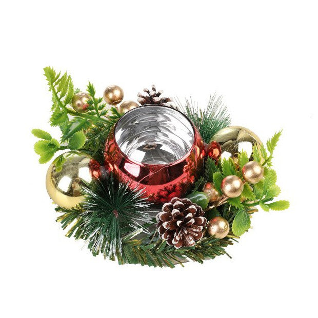 Suport pentru Lumanare de Craciun, Kadeny, Model Glob pentru Brad 2 Conuri, Sfesnic de Tip Ghirlanda, Decoratiune pe Masa de Craciun, 12 x 12 x 6 cm, Rosu