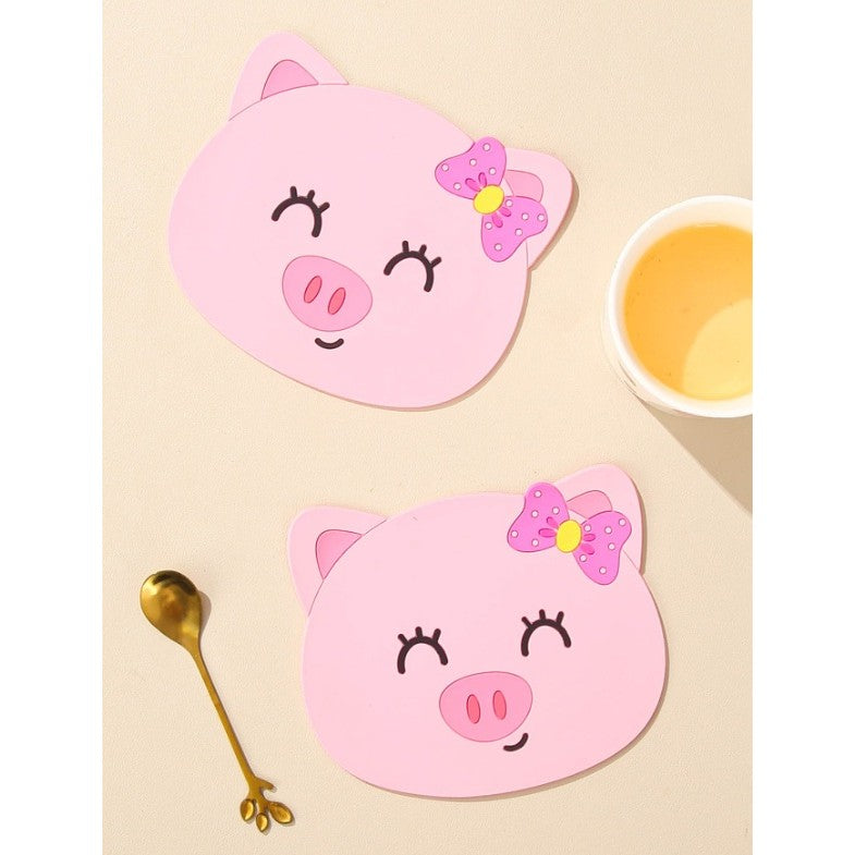 Suport pentru Pahar, Kadeny, Model Urs Purcelus, din PVC, 15.5x15.5 cm, Rezistent la Caldura, Roz