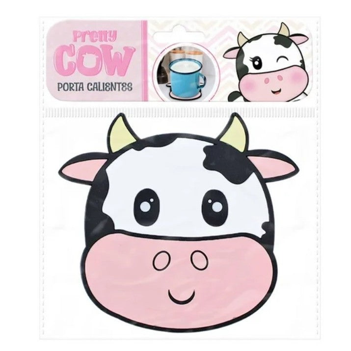 Suport pentru Pahar, Kadeny, Model Vacuta, din PVC, 15.5 x 15.5 cm, Rezistent la Caldura, Alb/Roz