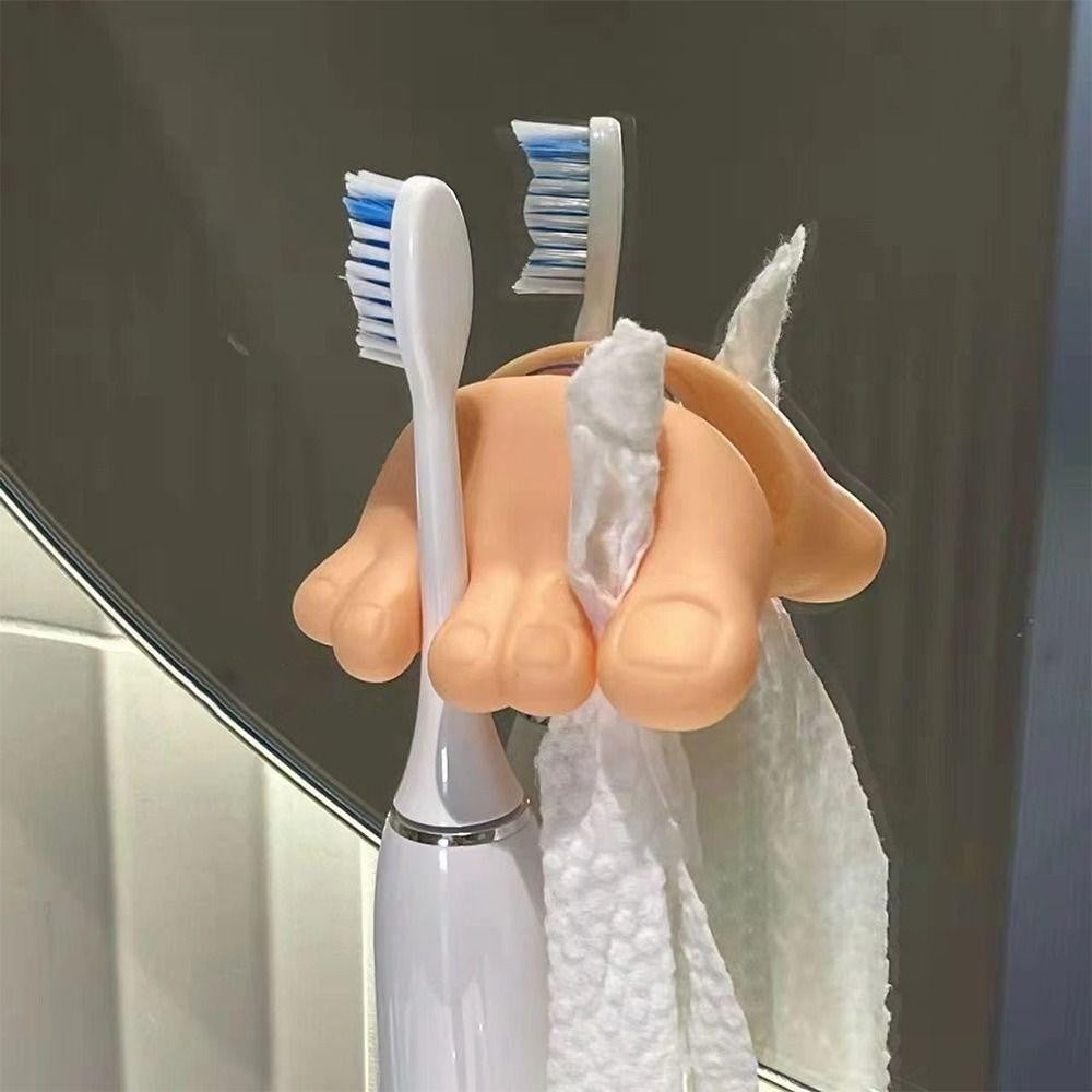 Suport de Baie, Kadeny, Multifunctional, pentru Periute/Cabluri, din PVC, cu Ventuza, Model Picior, 4 x 6.5 cm, Crem