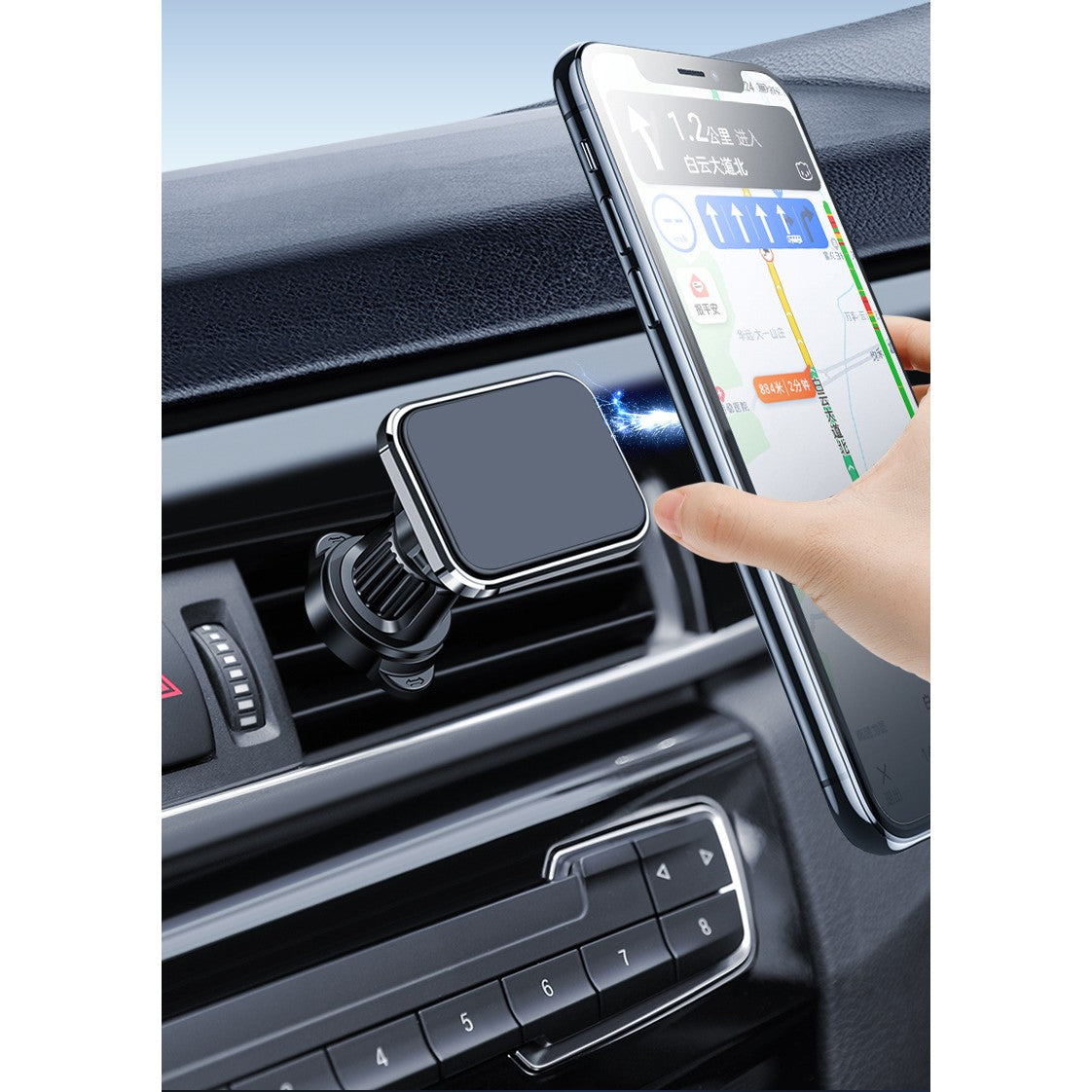 Suport Auto pentru Telefon, Kadeny, MagSafe, cu Magnet, Prindere Grila de Ventilatie, Detalii Fine, Rotativ 360 de Grade, Plastic Magnet Silicon, 5.1x3.9 cm, Negru Argintiu