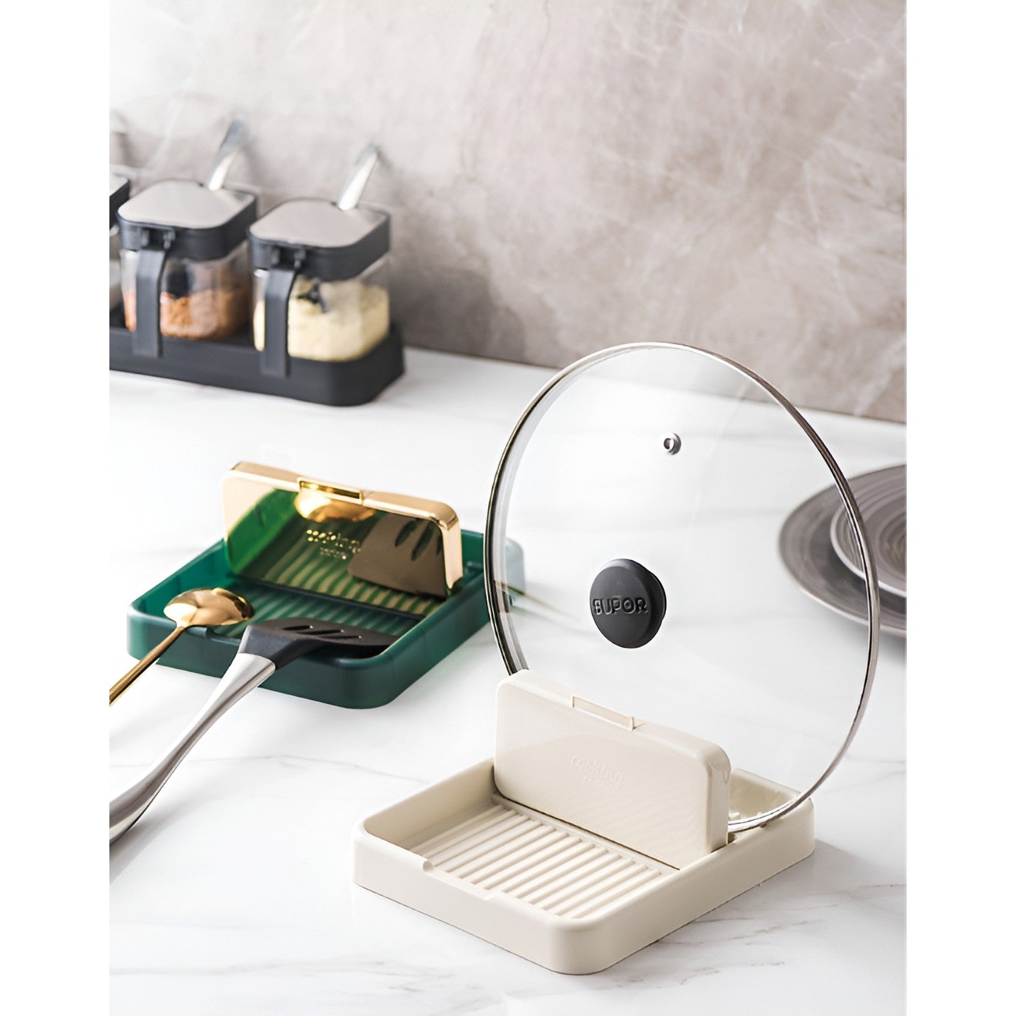 Suport Pliabil, Kadeny, pentru Capace, Linguri, Multifunctional, Plasare pe Blatul de Bucatarie, 18.9x16.2x2.6 cm, Crem