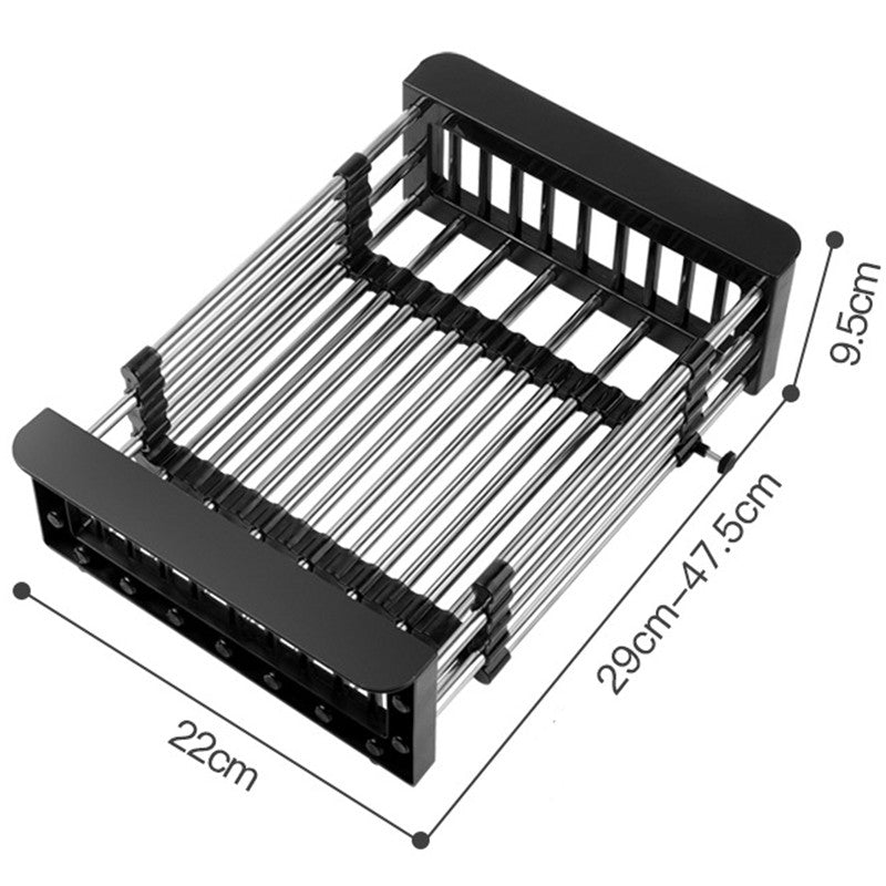 Suport Scurgere Extensibil pentru Bucatarie, Kadeny, Uscator Vase din Otel Inoxidabil, Suport Tacamuri si Pahare, Suport pentru Fructe si Legume, 29 x 22 x 9.5 cm Negru
