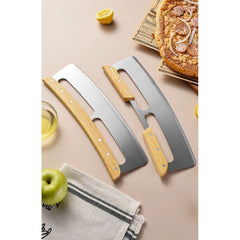 Taietor Feliator de Pizza, Kadeny, din Otel Inoxidabil, cu Capac, Maner din Doua Bucatie, din Lemn, Antialunecare, Lama Neteda si Ascutita, 34x10 cm, Maro