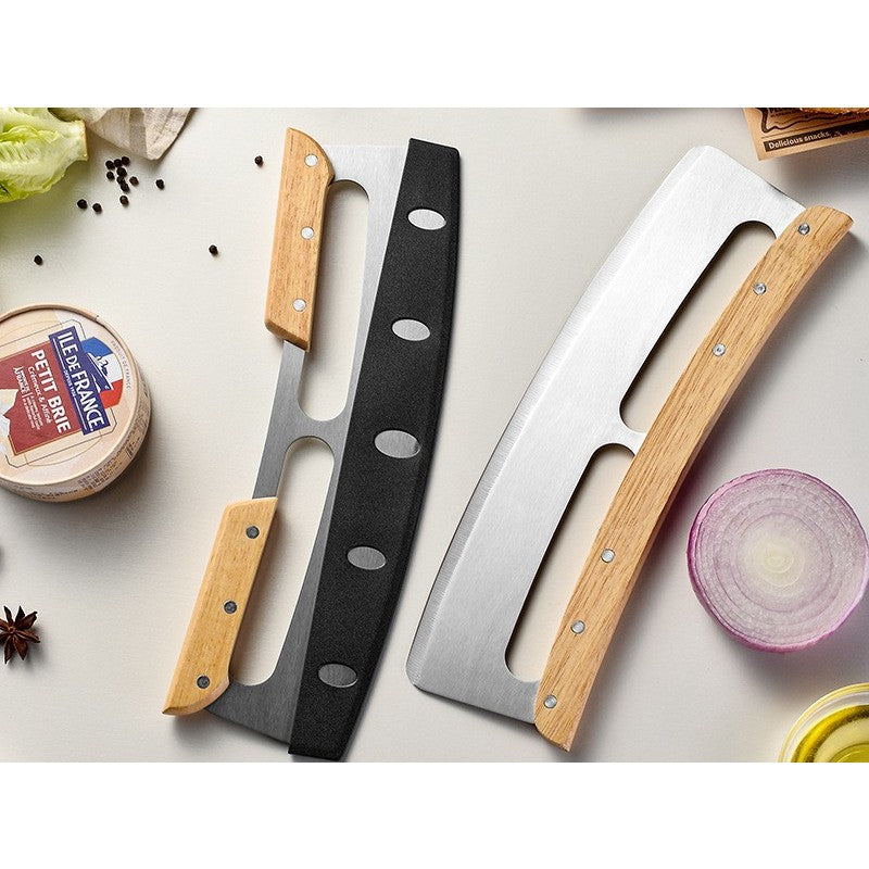 Taietor Feliator de Pizza, Kadeny, din Otel Inoxidabil, cu Capac, Maner din Doua Bucatie, din Lemn, Antialunecare, Lama Neteda si Ascutita, 34x10 cm, Maro