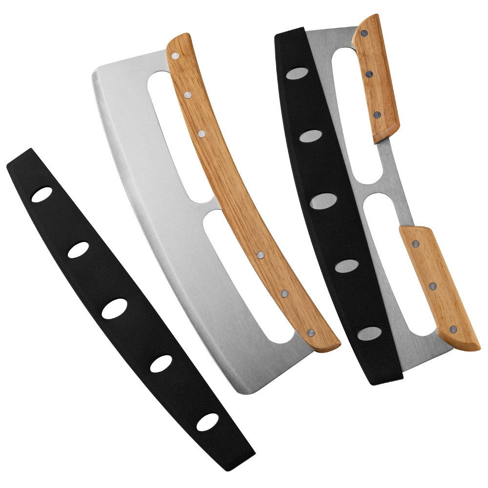 Taietor Feliator de Pizza, Kadeny, din Otel Inoxidabil, cu Capac, Maner din Doua Bucatie, din Lemn, Antialunecare, Lama Neteda si Ascutita, 34x10 cm, Maro