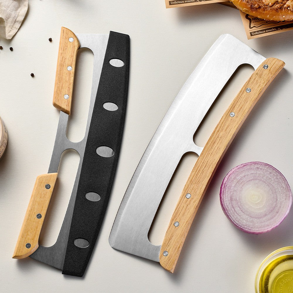 Taietor Feliator de Pizza, Kadeny, din Otel Inoxidabil, cu Capac, Maner din Lemn, Antialunecare, Lama Neteda si Ascutita, 34x10 cm, Maro