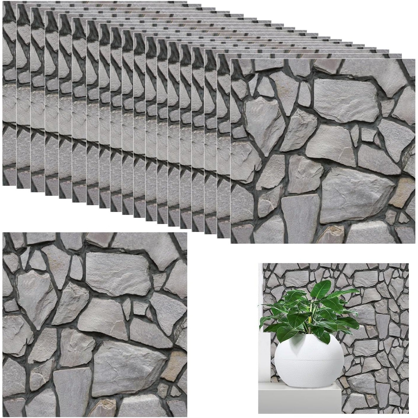 Set 10 x Placi Tapet Autocolant 3D cu Imitatie de Pietre, pentru Perete Bucatarie Sufragerie, Usor de Curatat, Rezistent la Apa, Autoadeziv, 30x30 cm, Gri