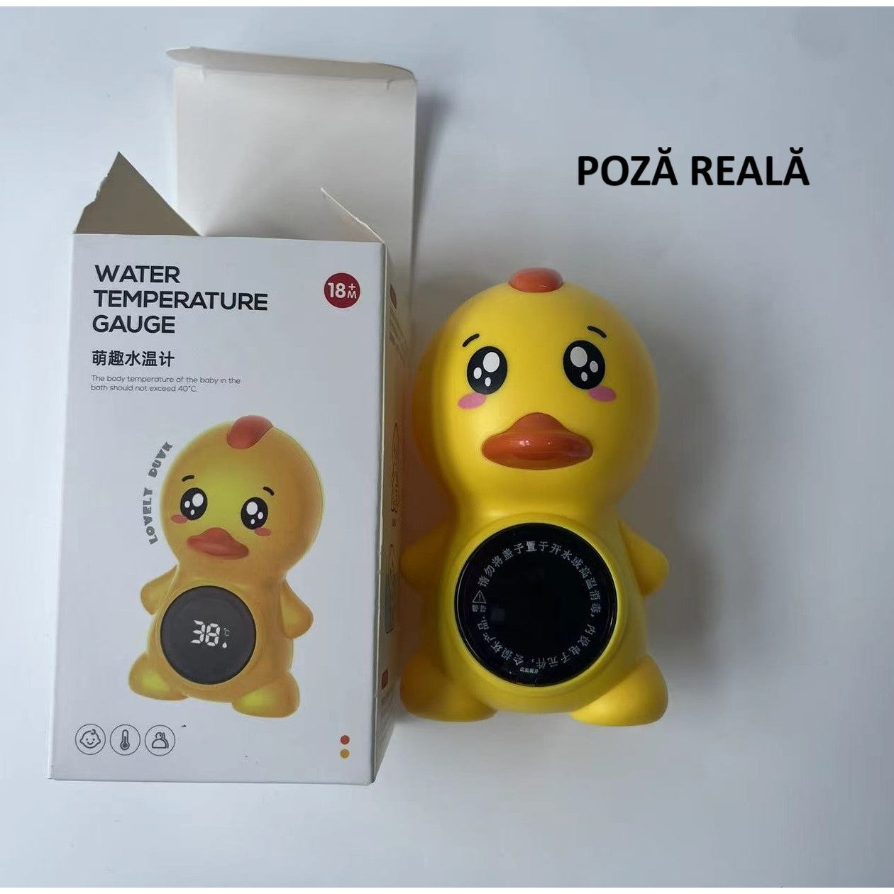 Termometru Electronic LED pentru Baie, Plutitor, Rezistent la apa, IPX7, Multifunctional, 3 Trepte de Temperatura, Model Ratusca, 12x7cm, Galben