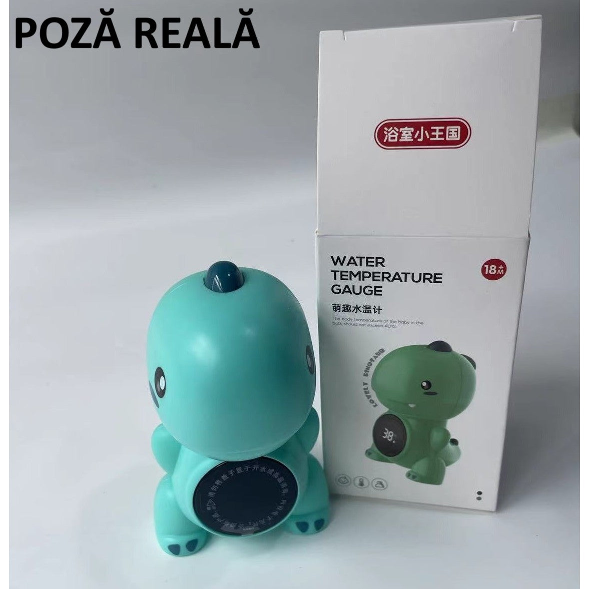 Termometru Electronic LED pentru Baie, Plutitor, Rezistent la apa, IPX7, Multifunctional, 3 Trepte de Temperatura, Model Dinozaur, 12x7cm, Verde