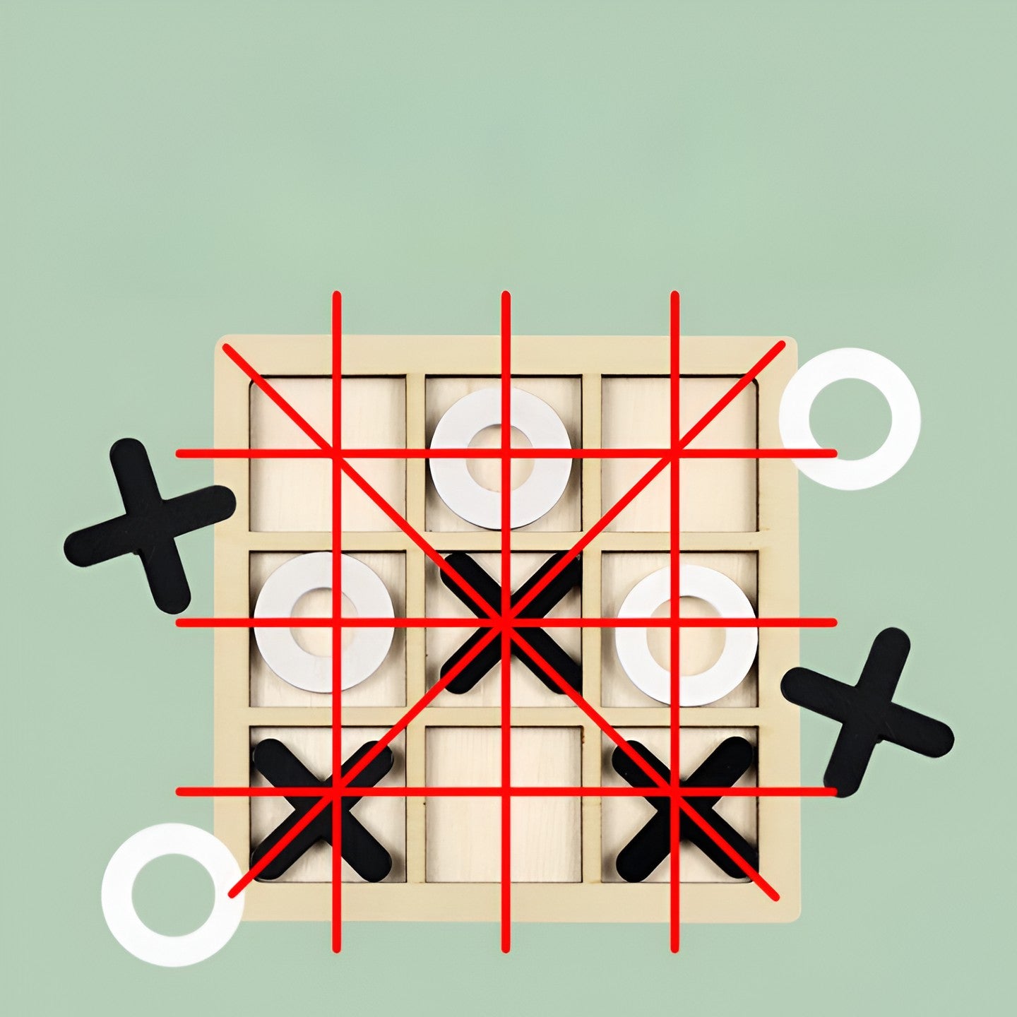 Jucarie Montessori Tic Tac Toe, Kaveny, Educativa, Interactiva, din lemn, X si O, 9 Piese, 14.3x14.3 cm, Negru Alb