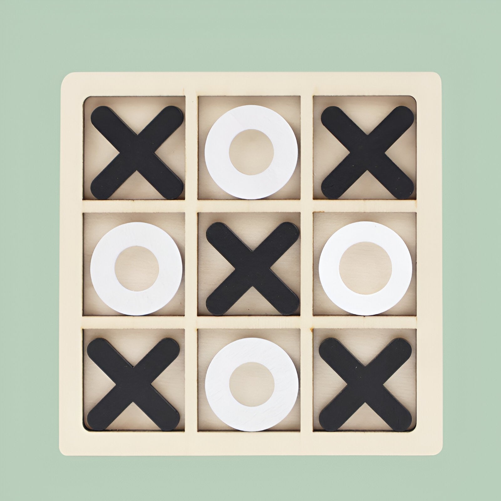 Jucarie Montessori Tic Tac Toe, Kaveny, Educativa, Interactiva, din lemn, X si O, 9 Piese, 14.3x14.3 cm, Negru Alb