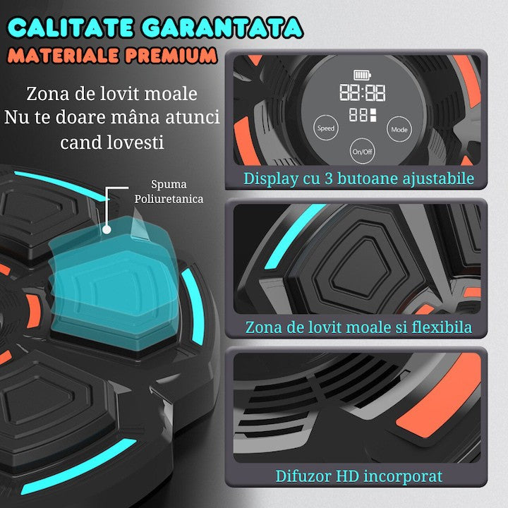 Tinta Lovituri Box Montabil pe Perete, Kadeny, Negru, Difuzor, Bluetooth, Iluminare LED, 41.5 x 6.5 x 42 cm, Manusi Incluse