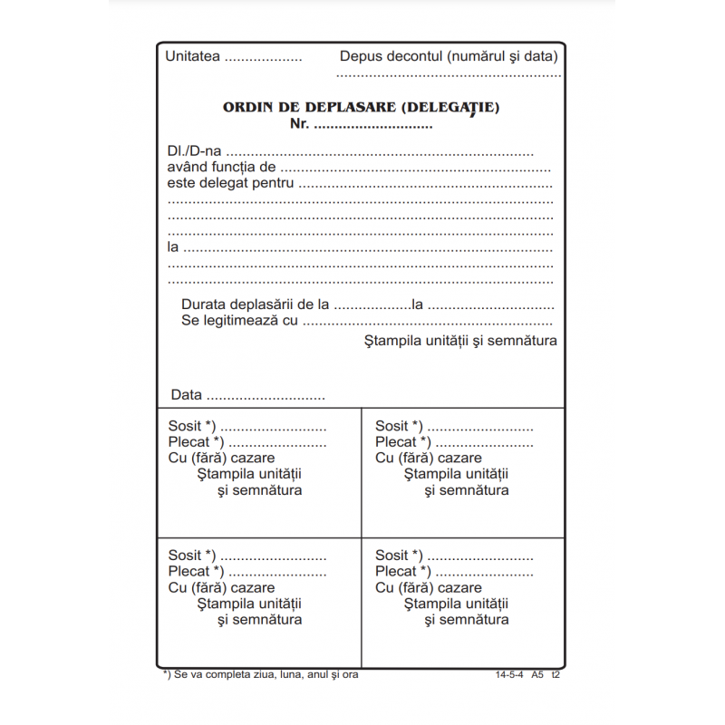 Tipizat - ordin deplasare - A5, portret, simplu, 100 file