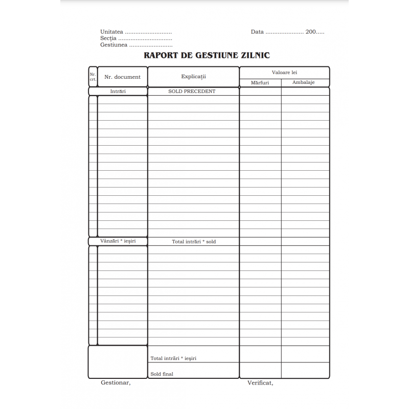 Tipizat - raport gestiune zilnic - A4, portret, simplu, 100 file