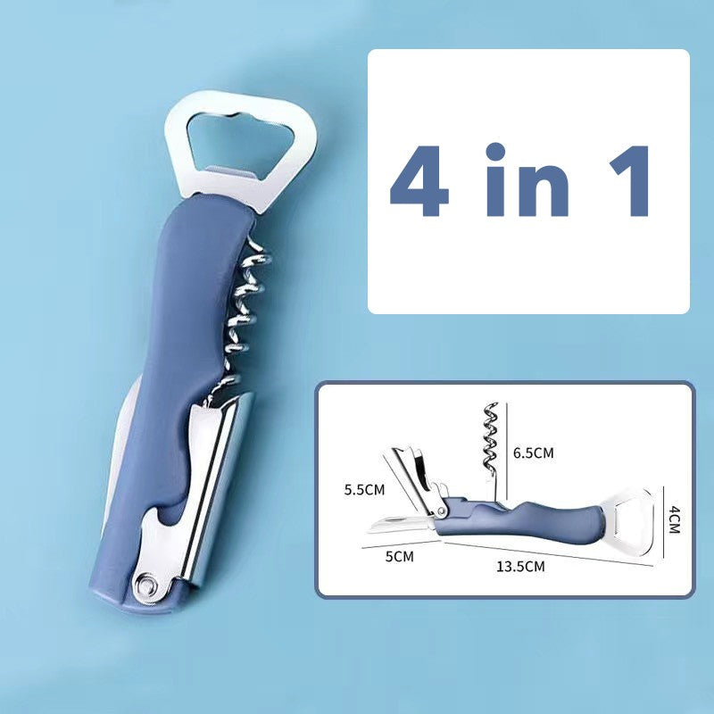 Tirbuson de Sticle 4 in 1, Kadeny, Desfacator de Sticle Multifunctional, din Inox cu Maner Anti Alunecare, 13.5 x 4 cm Albastru