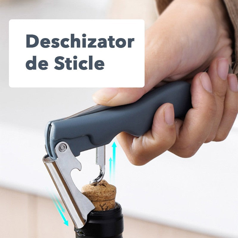 Tirbuson de Sticle 4 in 1, Kadeny, Desfacator de Sticle Multifunctional, din Inox cu Maner Anti Alunecare, 13.5 x 4 cm Albastru