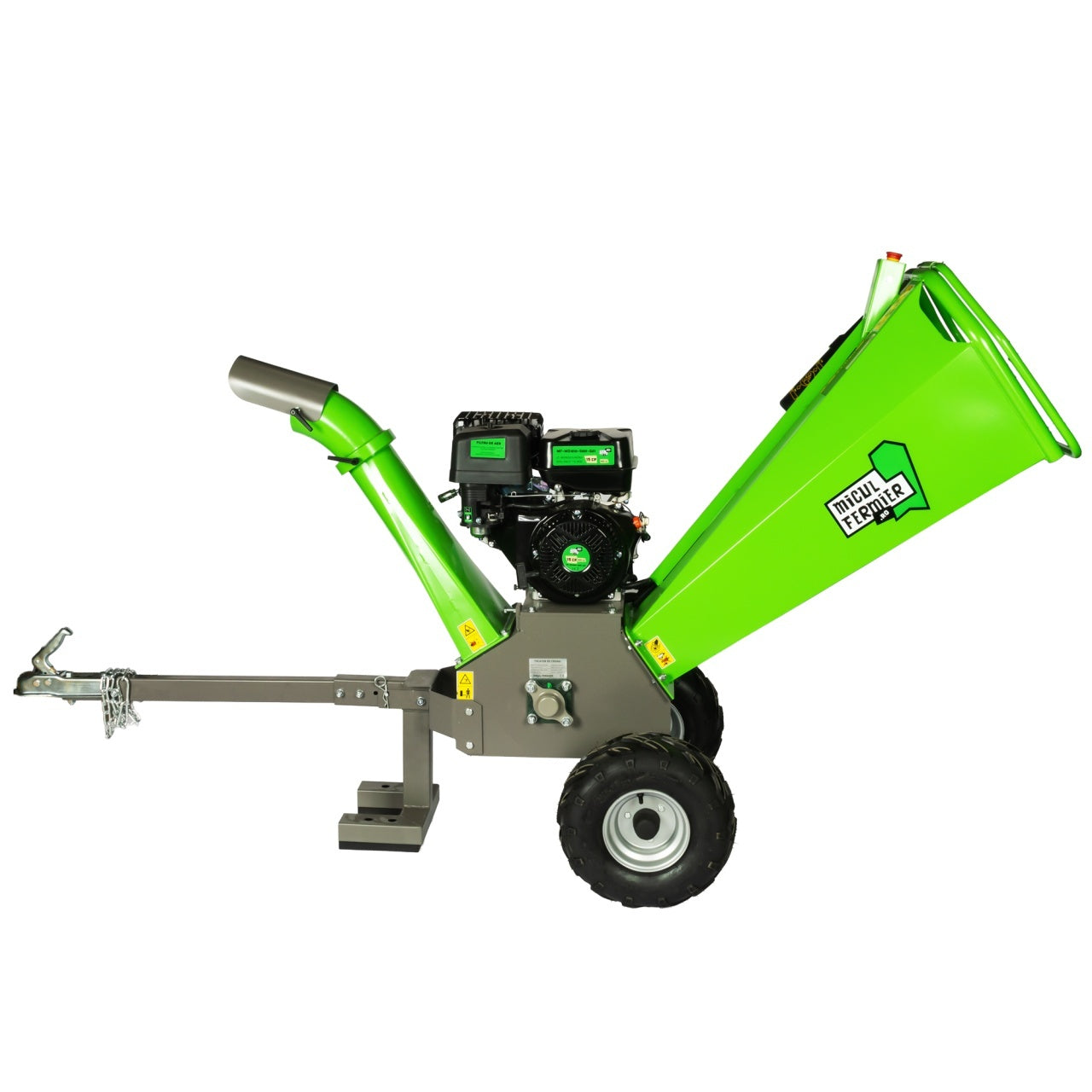 Tocator de crengi Micul Fermier, motor benzina 15 CP, cu carlig de remorcare, 120 mm diametru maxim de taiere, pentru rumegus