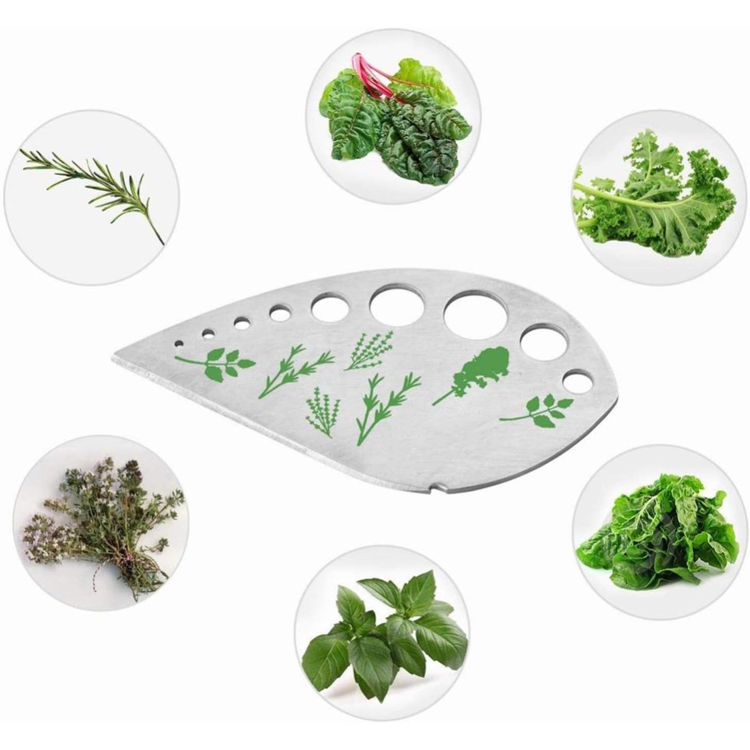Tocator manual pentru ierburi Kaveny, instrument de curatat frunze, margini ascutie, 9 gauri de diferite dimensiuni, multifunctional, material otel inoxidabil, maner ergonomic, rezistent la rugina, 12.3 x 6.9 cm, argintiu