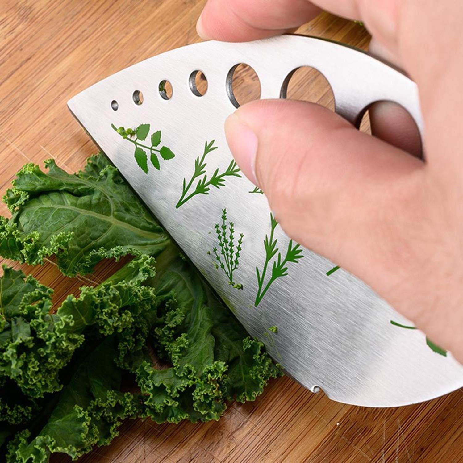Tocator manual pentru ierburi Kaveny, instrument de curatat frunze, margini ascutie, 9 gauri de diferite dimensiuni, multifunctional, material otel inoxidabil, maner ergonomic, rezistent la rugina, 12.3 x 6.9 cm, argintiu
