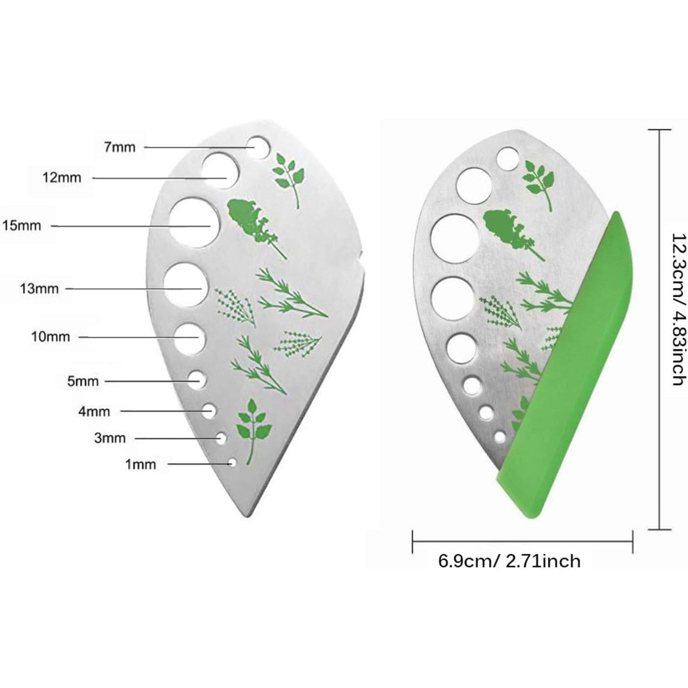 Tocator manual pentru ierburi Kaveny, instrument de curatat frunze, margini ascutie, 9 gauri de diferite dimensiuni, multifunctional, material otel inoxidabil, maner ergonomic, rezistent la rugina, 12.3 x 6.9 cm, argintiu