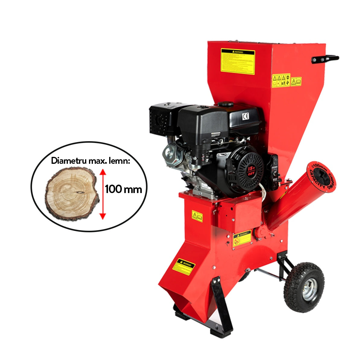 Tocator pentru crengi Micul Fermier, Ø100mm, motor benzina 15CP, pornire electrica, alimentare verticala, pentru rumegus