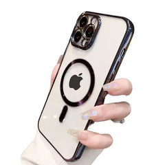 Husa MagSafe pentru Apple iPhone 14, Full Cover, Protectie camera, Margini colorate Electroplating, Magnetica, Incarcare Wireless, Kaveny, Negru
