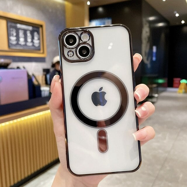 Husa MagSafe pentru Apple iPhone 11, Full Cover, Protectie camera, Margini colorate Electroplating, Magnetica, Incarcare Wireless, Kaveny, Negru