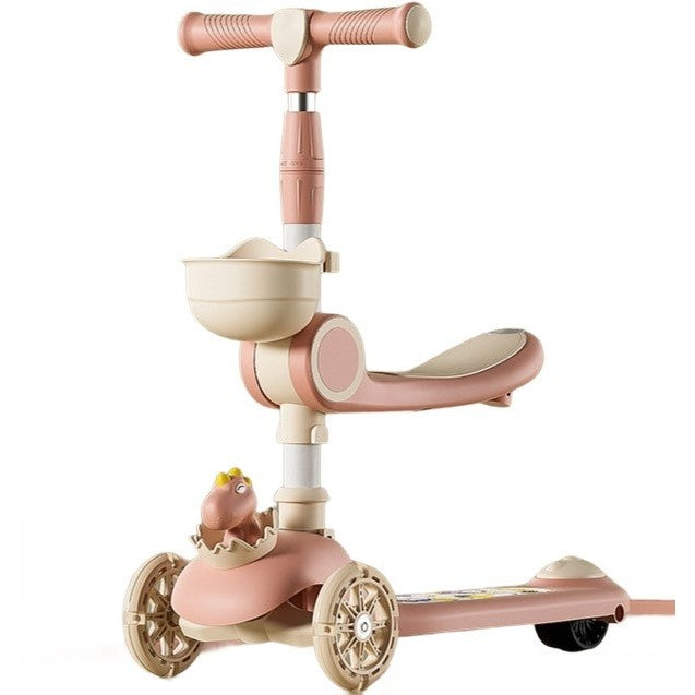 Trotineta Multifunctionala 3 in 1, Kaveny, pentru Copii, 1-7 Ani, cu Lumini si Muzica, Reglabil 360, Pliere Usoara, Reglarea Inaltimii, Model Dinozaur, Alb/Roz