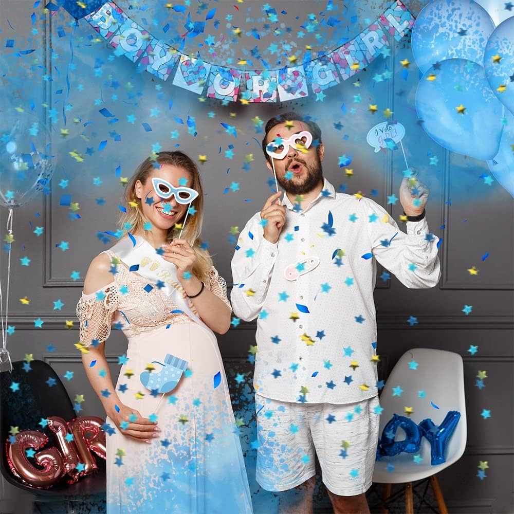 Tun Confetti, Kaveny, Model Gender Reveal, Confetti Cannons, 40 cm, Ambalaj din Carton, Eliberare prin Rasucire, Albastru