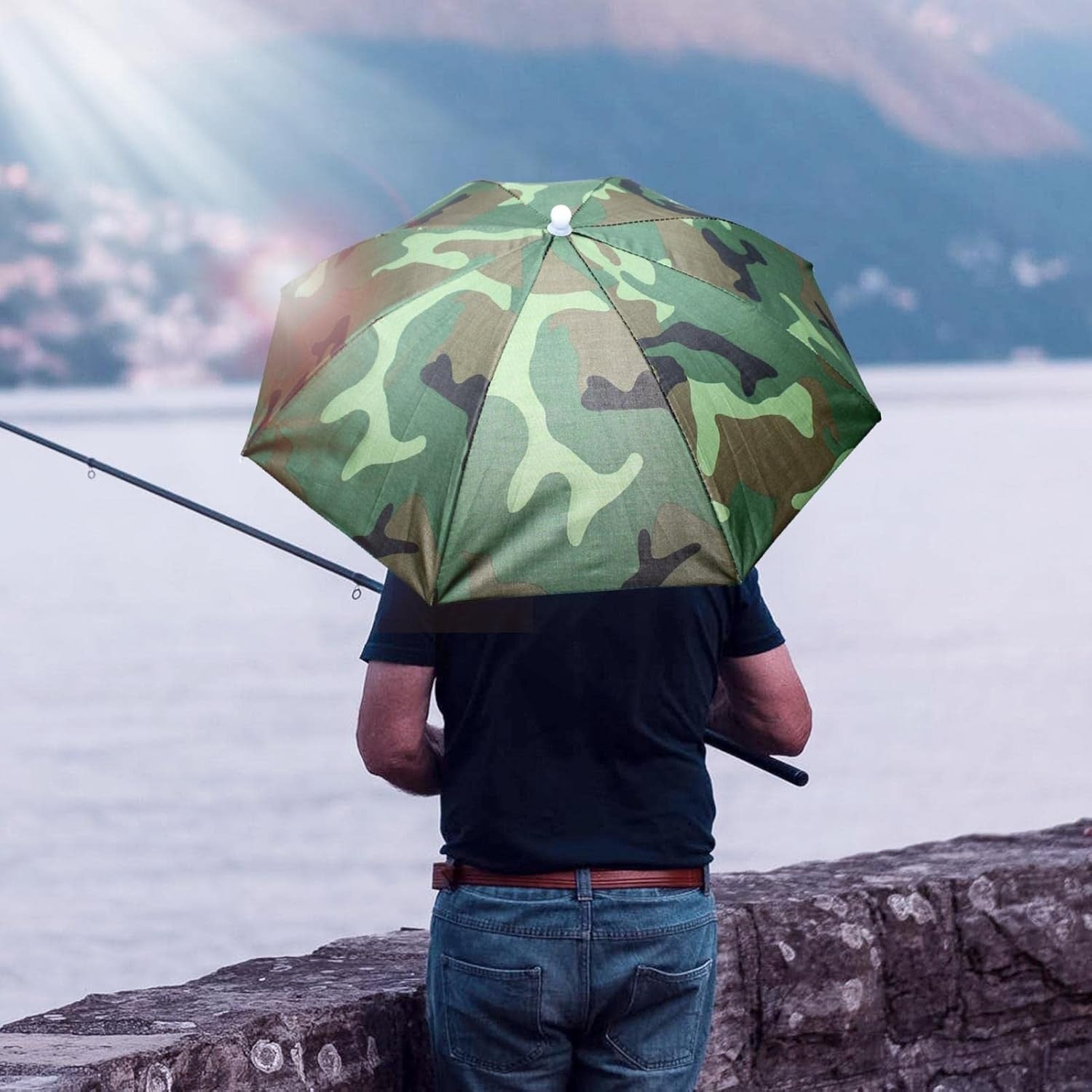 Umbrela de Cap, Kaveny, Diametru 69 cm, Snur Reglabil de Cap, Protectie UV/Ploaie, Camuflaj