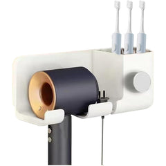 Suport de Baie, Kadeny, pentru Uscator de Par, cu Organizator Dublu, din Plastic, Aplicare cu Suport Adeziv, 23 x 8.8 x 9.5 cm, Alb