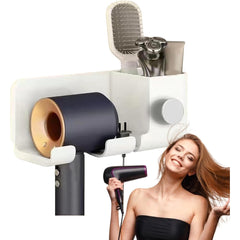 Suport de Baie, Kadeny, pentru Uscator de Par, cu Organizator Dublu, din Plastic, Aplicare cu Suport Adeziv, 23 x 8.8 x 9.5 cm, Alb