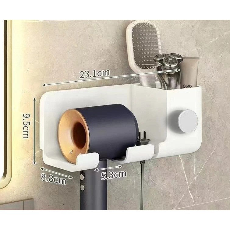 Suport de Baie, Kadeny, pentru Uscator de Par, cu Organizator Dublu, din Plastic, Aplicare cu Suport Adeziv, 23 x 8.8 x 9.5 cm, Alb